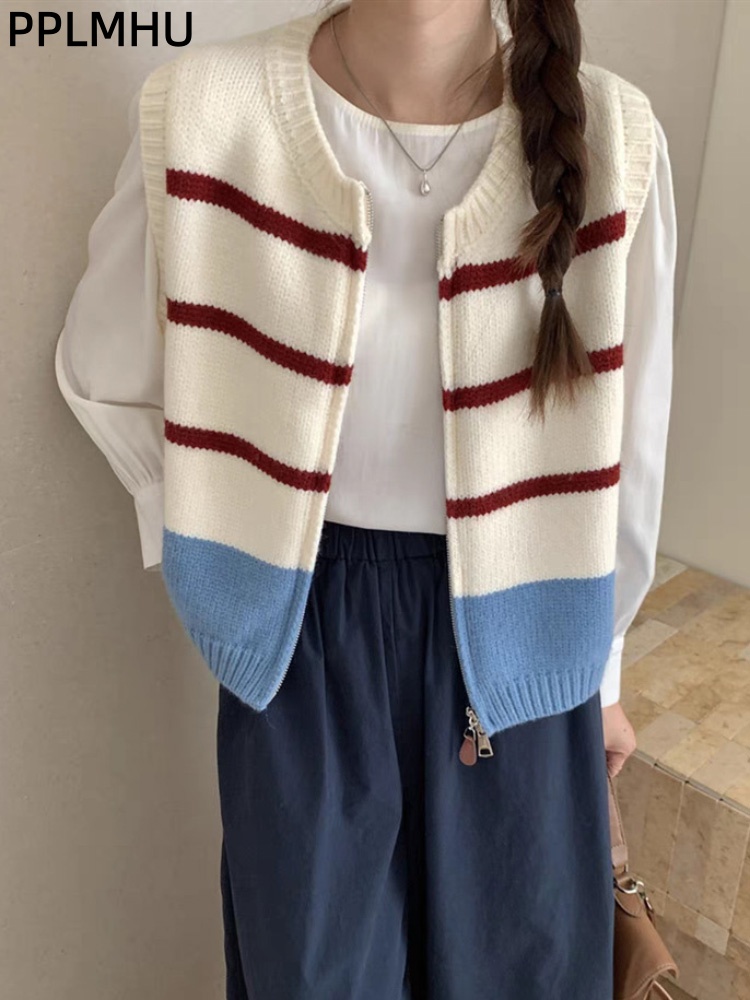 Women'S Fashion Gilet - Cardigan con cerniera a righe Gilet